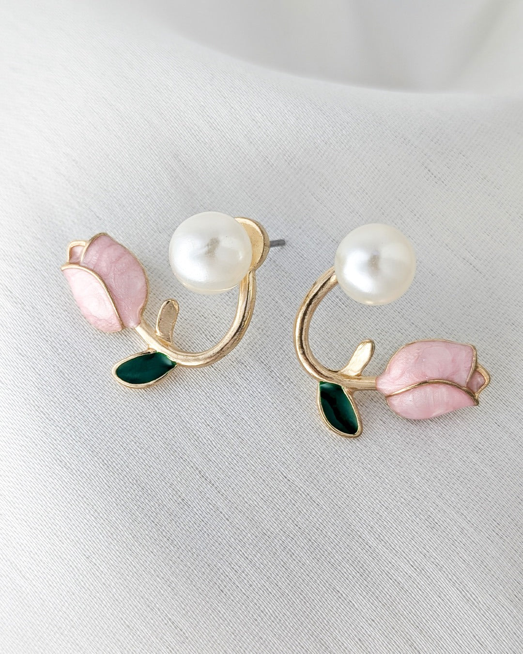 Elegant floral pearl earrings with blush rose design and anti tarnish finish