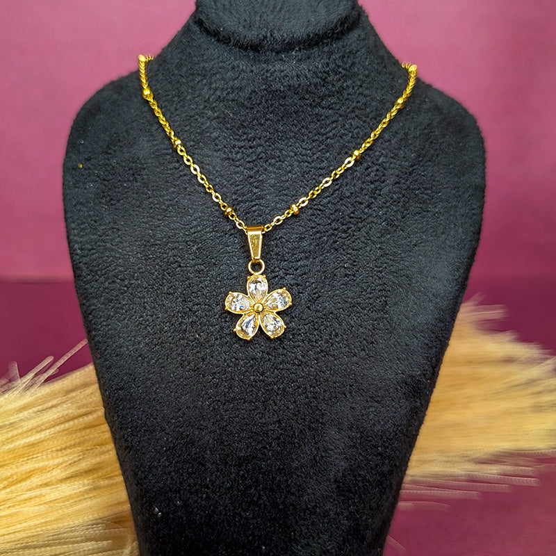 Front view of the Five-Pedal Flower Crystal Pendant displayed on a black bust showcasing the full necklace drop and floral pendant.