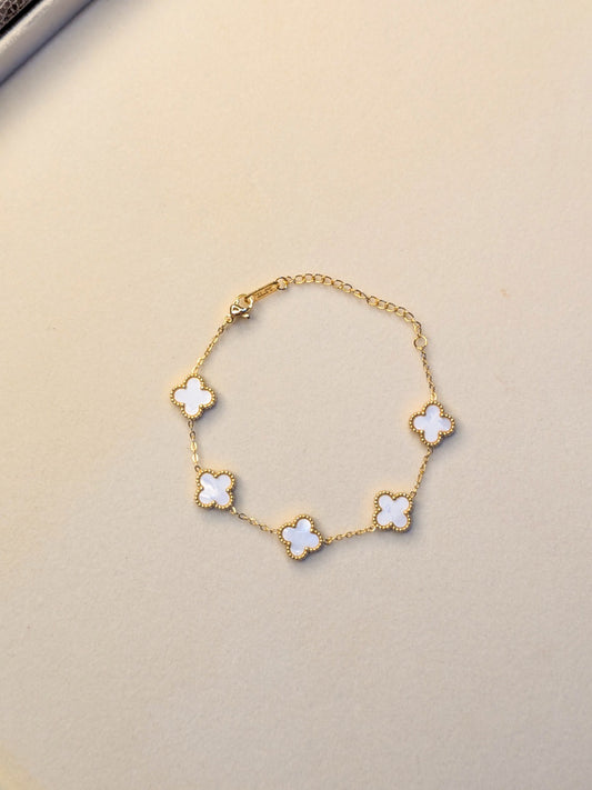 Ivory Clover Bracelet with white clover charms and anti tarnish gold chain