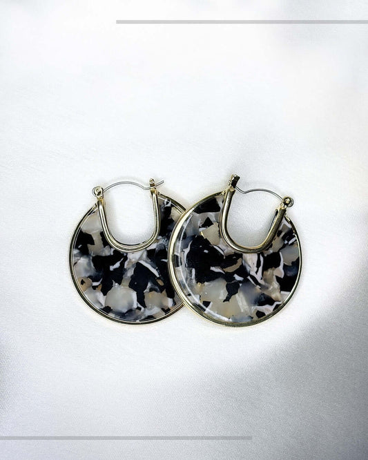 Black and white marble statement hoop earrings with lightweight modern design