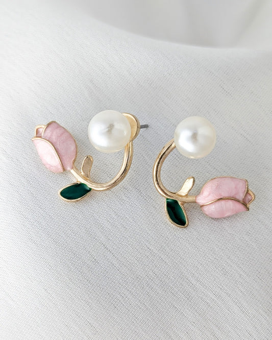 Elegant floral pearl earrings with blush rose design and anti tarnish finish