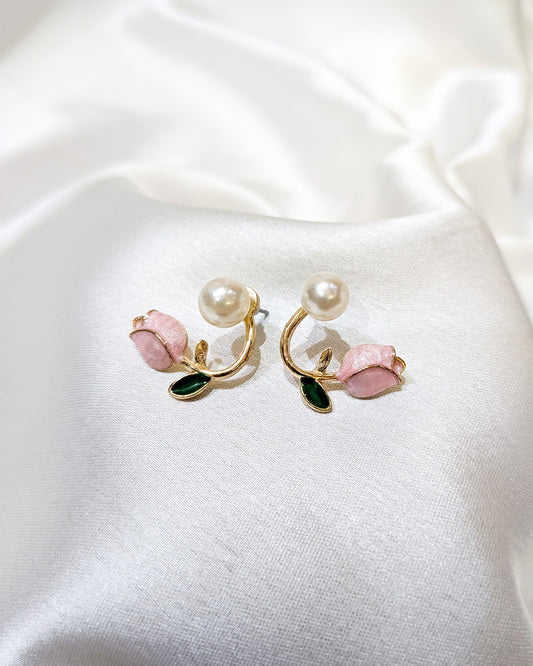 Rose Pearl Bloom Earrings featuring pink rose buds, pearl accents and anti tarnish gold finish
