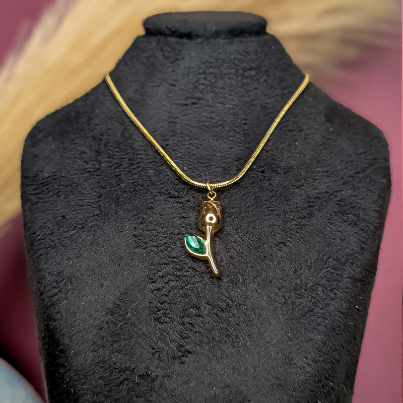 Tulip pendant necklace with emerald green leaf accent